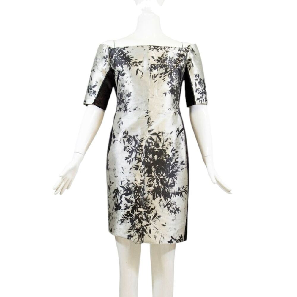 J. Mendel‎ Champagne Black Leather Trimmed Off-the-Shoulder Jacquard Dress Sz 10